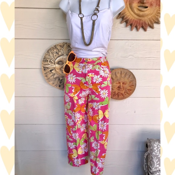 Palm Lily daisy butterfly print capris - Picture 1 of 6